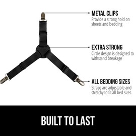 GORILLA GRIP Patent Pending Bed Sheet Holders, Adjustable Elastic Fasteners with Metal Clips, Keep in Place Fitted Bedding Straps, Firm Tight Suspenders for Mattress, US Designed, 4 Pack Black