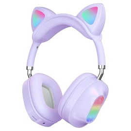 auvstar Cat Ear Kids Bluetooth Headphones, LED Light Up Kids Wireless Headphones, Bluetooth 5.0&Stereo Sound, Adjustable Headband,Children Headphones with Microphone for School/Tablet (Purple)
