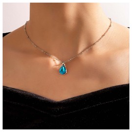 Allereya Vintage Blue Topaz Pendant Necklace Teardrop Crystal Gemstone Necklace Rhinestone Blue Stone Choker Necklace Silver Satellite Chain Birthstone Necklace Jewelry for Women and Girls (Blue)