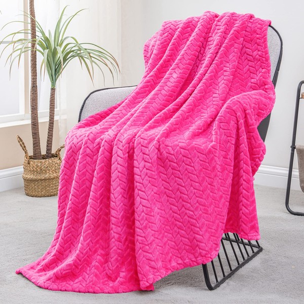 Exclusivo Mezcla Large Flannel Fleece Throw Blanket, 127x178 CM Sofa Throws, Soft Jacquard Weave Leaves Pattern Throws for Sofa, Hot Pink Blanket