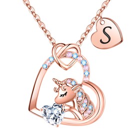 TINGN Unicorn Necklace for Girls Gifts – CZ Unicorn Pendant Chain for Girls Heart Unicorn Chain Children Unicorn Necklace with Letters Children's Jewellery Girls Birthday Gift for Girls, 18 cm + 2 cm