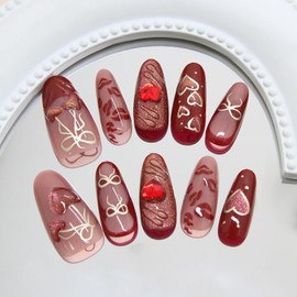 3D Heart Press on Nails Red French Tip Fake Nails Cute Glue on Nails Almond Medium False Nails Bow Hearts Acrylic Press on Nails Glossy Full Cover Artificial Nails for Women and Girls 30Pcs