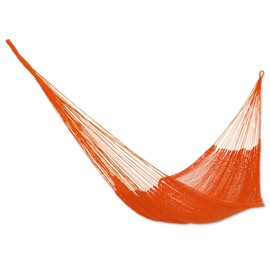 NOVICA Bright Orange Hand Woven Cotton Mayan 1 Person Rope Hammock with Hanging Accessories, 'Mango Paradise' (Single)