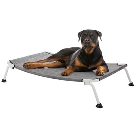 Veehoo Elevated Dog Bed for Outdoor, Cooling Waterproof Raised Dog Cots Beds XL, Curved Off Ground Pet Hammock Cot Lifted for Outside, up to 150lbs, White Legs, Black Silver 49"