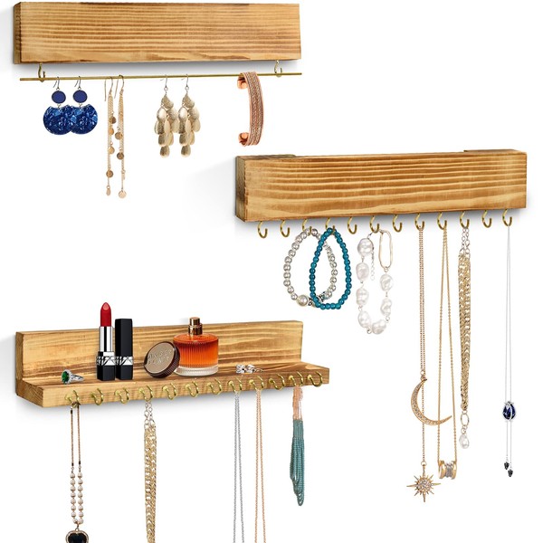 Y&ME YM Jewelry Organizer Hanging,Wall Jewelry Organizer for Hanging Rings Necklace Organizer Earring Holder Organizer,Jewelry Display with Removable Bracelet Rod and 24 Hooks as Women Gift