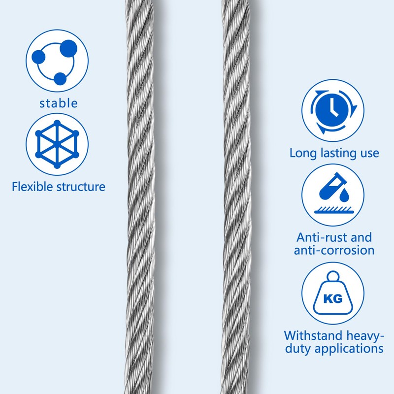 AWWNUIF 1/4 Stainless Steel Cable 50ft - 7x19 Strand Wire