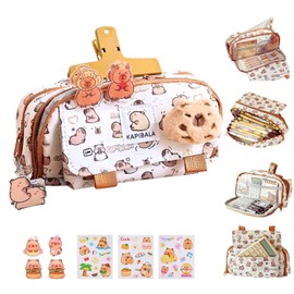 Nasjac Estuche de Lápices de Capibara,Juego de 9 piezas Estuche Papelería Kawaii con Broche de Peluche, Pegatinas, Bolígrafos, Clips, Bolsa de Lapicera Bolígrafos con Cremallera para Escuela, Oficina