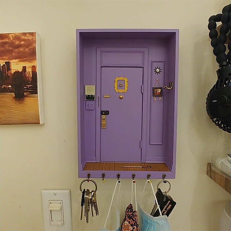 Wooden Purple Door Keychain Holder Hooks Storage Wall Hanger Shelf