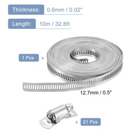 sourcing map 304 Stainless Steel Hose Clamps, Cut-to-Fit 32.8 ft Metal Strap + 21 Stronger Fasteners Kit, Adjustable Worm Gear Band Hose Clamps for DIY Intercooler Pipe Plumbing Tube Fuel Line