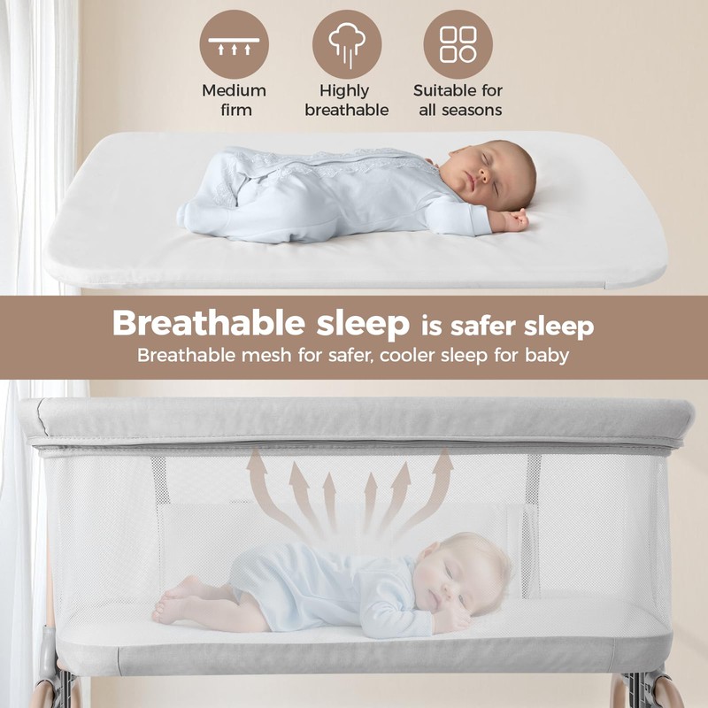 Cowiewie Bassinet Bedside Sleeper, Breathable Baby Bedside Bassinet and Mattress,