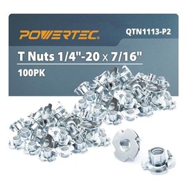 POWERTEC 1/4-20 T Nuts 100 Pcs | 4 Pronged Tee Nuts for Bolts and Stem Caster Wheels, Threaded Inserts for Wood Working, Rock Climbing Holds and Furniture For Use with Hammer | 7/16"length(QTN1113-P2)
