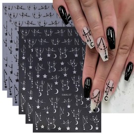 6 Sheets Hollow Star Nail Stickers Unique Star Nail Art Stickers Decals 3D Self Adhesive Nail Decals Cute Black Sliver Hollow Stars Designs Elegant Nail Stickers for Women DIY Decoration Manicure