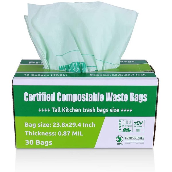 Primode 100% Compostable Trash Bags 13 Gallon | 30 Count Tall Kitchen Compost Bags, Food Waste Bags, Certified Compost Bags, Certified by BPI and TUV, Extra Thick 0.87
