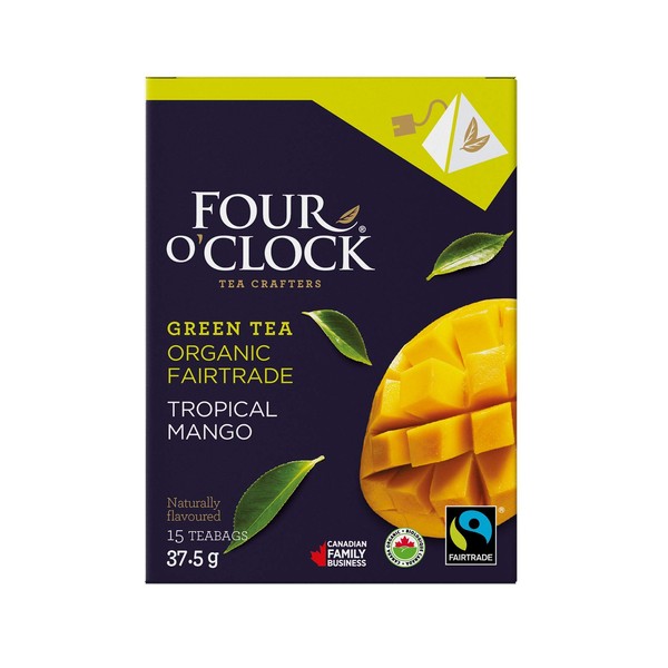 Four O'Clock Organic Fairtrade Green Tea Tropical Mango, Non-Gmo, Kosher,