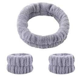 aoozleny Spa Headband and Matching Wristbands for Washing Face, Adjustable Elastic Wash Wrist for Yoga Sports Make up Shower, 3pcs (Gray)