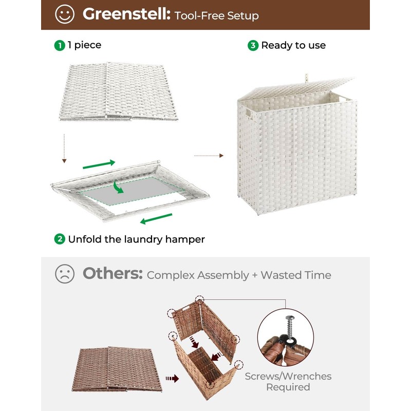 Greenstell Laundry Hamper with lid, No Install Needed, 130L Wicker