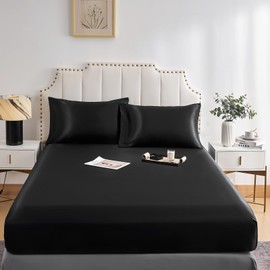 DuShow Fitted Sheet-Deep Pocket Satin Silky Bed Sheet,Breathable Soft and Comfortable-Wrinkle,Fade,Satin and Abrasion Resistant(King,Black)