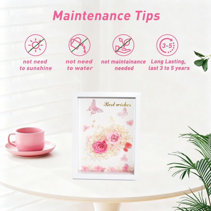 6.5”x8.5” Preserved Flowers Pink Rose Hydrangea Flower Frame with Butterfly