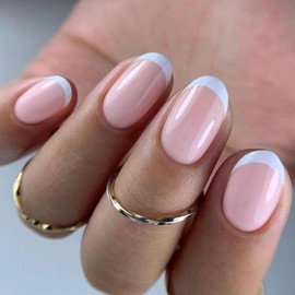 Kikmoya Pink French Tip Press on Nails Short Fake Nails Oval False Nail Kit Glossy Full Cover Reusable Stick on Nails Art for Women in 12 Sizes - 24pcs