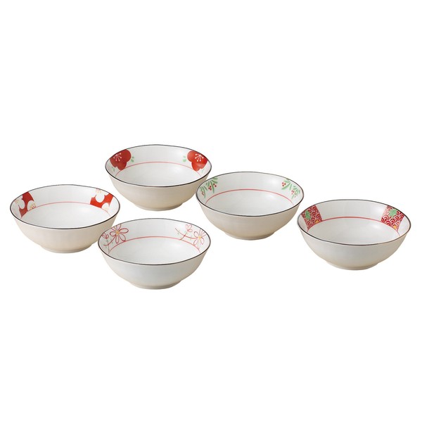 Saikai Pottery 31931 Hasami Ware Red Picture Change, Small Bowl, Set of 5, Diameter 4.7 inches (12 cm) (Comes in a decorative box)