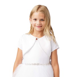 Big Girl's White Satin Short Sleeve Bolero with Bead Trimming First Communion Flower Girl Shrug 7905 Size 12