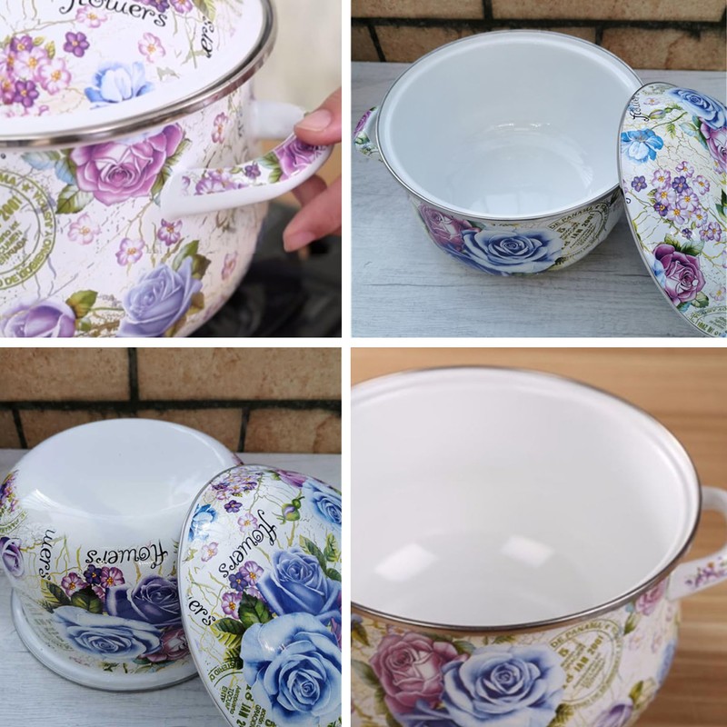 OIIKQDML Enamel Stockpot with Lid, 4.6 Quart Retro Cooking Pot,
