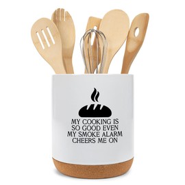 Elanze Designs My Cooking Is So Good Ceramic Cork Bottom White Large Capacity Utensil Holder Crock for Countertop Storage, Stylish & Durable for Spoons, Spatulas, and Cooking Tools