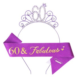 YARIEW 60th Birthday Decorations 60th Birthday Headband + 60 & Fabulous Birthday Sash + Pearl Pin Set, 60th Birthday Sash and Tiara for Women, Happy 60th Birthday Gifts for Women Gold