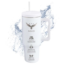 AMO 40 oz Tumbler With Handle and Straw - Vacuum Insulated Double Wall, Stainless Steel, Travel Friendly Water Bottle, Keeps Drinks Hot or Cold, Leak-Proof Design, Ideal for Outdoor & Daily Use- White