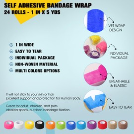 24 Pack Self Adhesive Bandage Wrap, 1 in x 5 Yards Non-Woven Self Adherent Cohesive Bandage, Vet Wrap Wound Tape for Thumb Finger Wrist Knee Ankle, Mix Colors