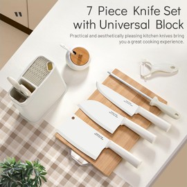Knife Set with Block, 7 Piece White Knife Block set for Kitchen, Stainless Steel Coated Blade Knife Set, Utility Knife Set with Plastic Handle for Slicing Cutting, Kitchen Essentials (White)