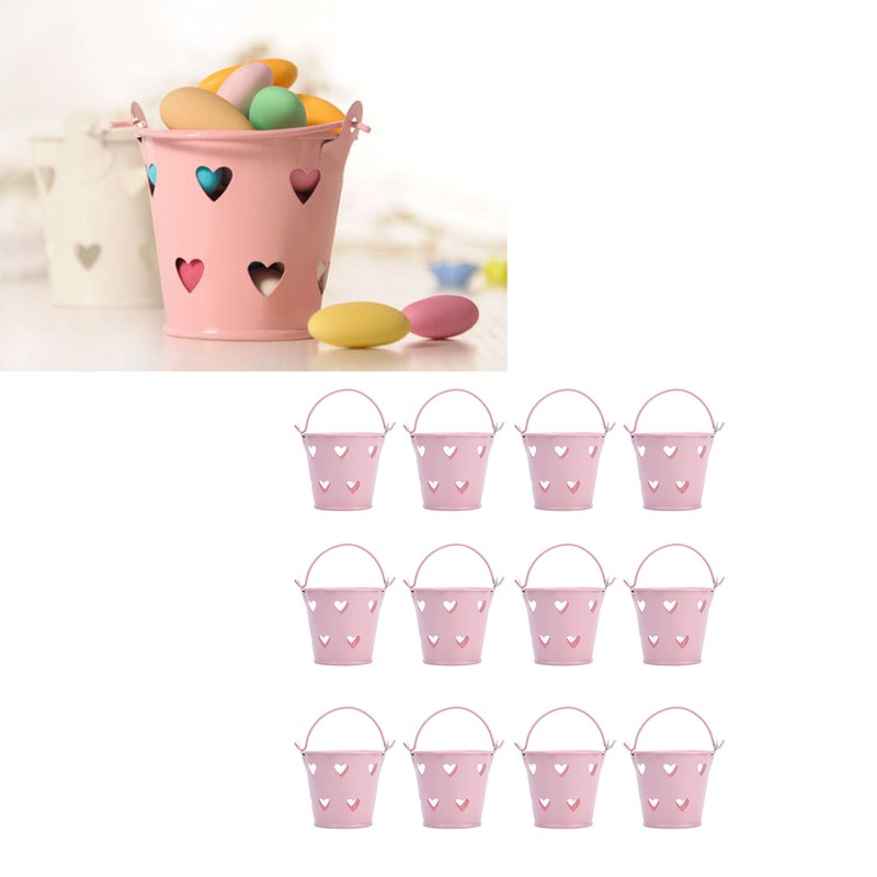 12pcs Mini Metal Bucket Hollow Heart Shaped Bucket with Handle