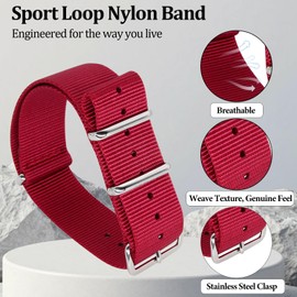 SUGARJAR 20mm Classic Military Nylon Watch Replacement Strap for Outdoor, Hiking & Sports, Breathable, Durable & Lightweight Band for Men & Women, Red