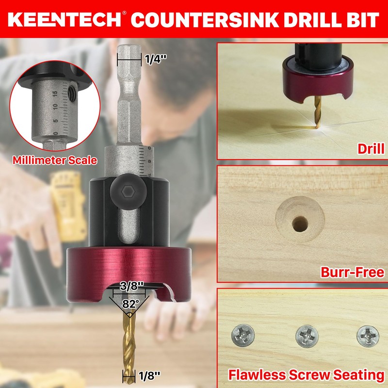 KEENTECH Carbide Tipped 82° Countersink Drill Bit with Depth Stop,