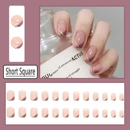 Press on Nails Short Medium Square French Fake Nails with Simple Light Purple Design, Press ons Artificial Acrylic Full Cover False Stick on Nail for Women Daily Wear Wedding Manicure 24Pcs
