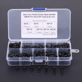 PENGLIN 500 Pcs Self Tapping Screws Set Pan Head M3 3mm Tapping Screws, Carbon Steel, 7 Types, Black, Storage Case Included