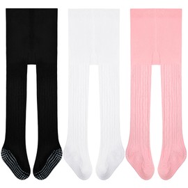 GENTABY Toddler Girls Tights Baby Non Slip Cotton Pantyhose 3 Pairs Boys Knit White Pink Black Gray for 6-12 Months Kids Tights
