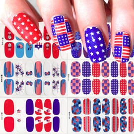 6 Sheets Independence Day Gel Nail Strips 4th of July Nails Polish Stickers Self Adhesive Flag Glitter Star Design Gel Nail Stickers Full Wraps Patriotic Nails Decals for Women Manicure Tips