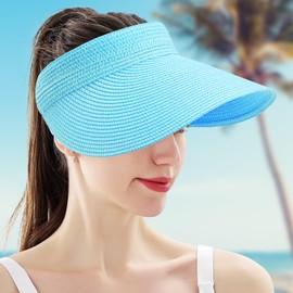 MK MATT KEELY Women's Foldable Straw Sun Hat Visor Cap Plain Summer Beach Hat with Wide Brim, blue