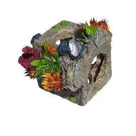 Stone Cube Aquarium Decoration, Artificial Fish Tank Decoration, with Added Plastic Plants