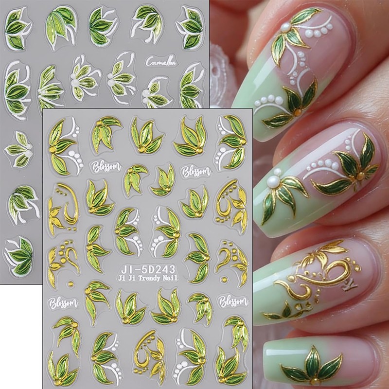 2 Sheets Spring Nail Art Stickers 5D Embossed with Peals