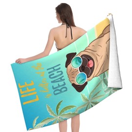 feelacle Pug Dog Sand Free Beach Towel Absorbent Bath Towel Large Hand Towels for Swimming Bathroom Spa Pool