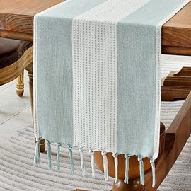 Wracra Linen Table Runner, Farmhouse Macrame Table Runners 60 Inches Long for Dining Table Decor, Wedding, Party and Dresser Decor (Aqua Blue,60")