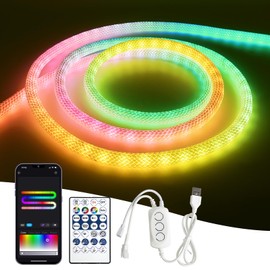 Brillistep Bluetooth RGBIC Neon Led Strip Light USB 5V 5m Waterproof IP65, Dynamic Braided Neon Rope Light Strip 500LED/Meter with APP/Remote Control for Indoor Outdoor Decoration