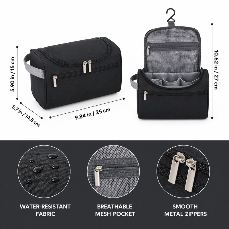 Travel Toiletry Bag with Hanging Hook, Zipper Pockets and Carry