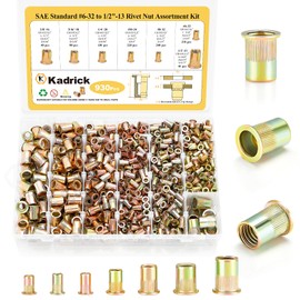 Kadrick Rivet Nut Kit, 930pcs SAE Rivet Nut Assortment Kit Galvanized Carbon Steel Flat Head Threaded Insert Nuts, Sizes 6-32 8-32 10-24 1/4"-20 5/16"-18 3/8"-16 1/2''-13