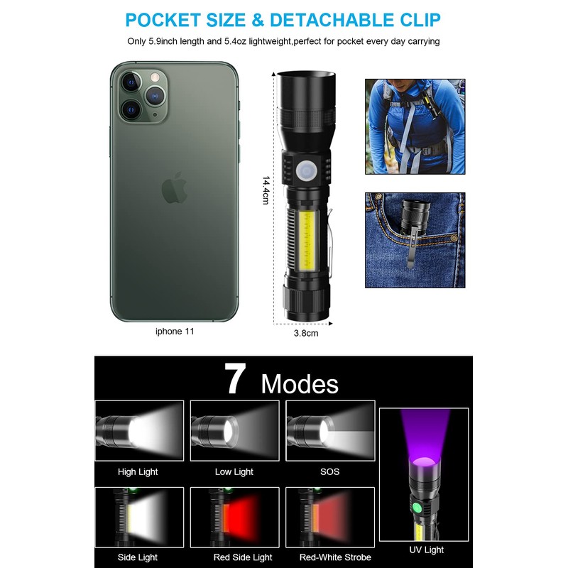 Spriak UV Flashlight Blacklight, USB Rechargeable Flashlights Magnetic Flashlight with