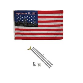 3x5 USA Sept September 11th 2001 Remembrance Memorial 150D Premium Quality Fade Resistant Polyester Flag 3'x5' (EE) With 6' Galvanized Flag Pole Kit With Eagle Top