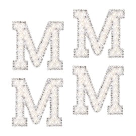 sourcing map 10Pcs Iron on Letters Patches, Letter M Rhinestone Pearl Alphabet Applique English Letter Sew on Patches for DIY Clothing Hat Bag, White Pearls+Silver Rhinestones