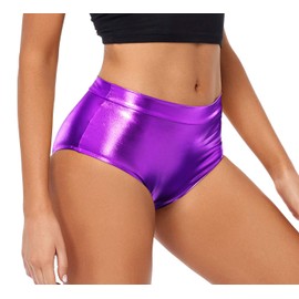 Kepblom Metallic High Waisted Booty Shorts Women's Shiny Cheeky Dance Festival Rave Bottoms, Purple, Medium